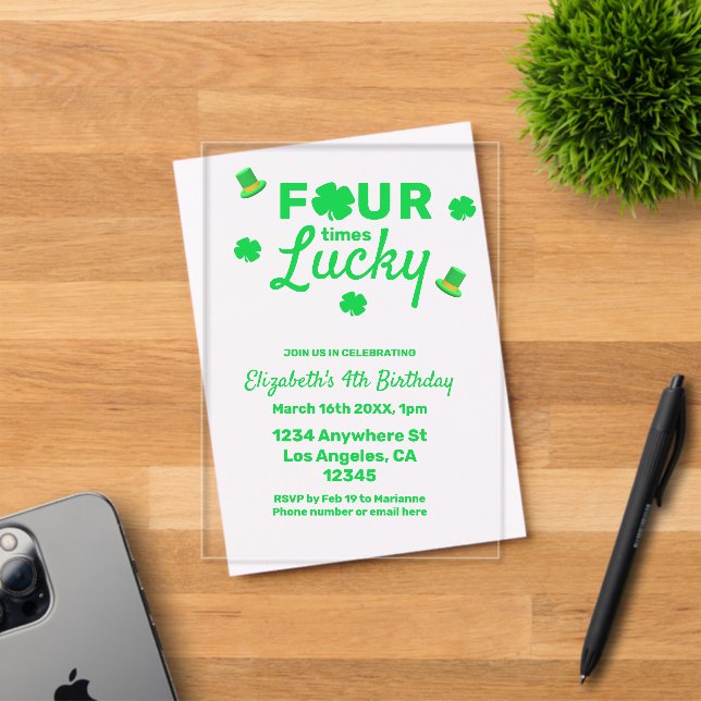 Four Times Lucky 4th Birthday Acrylic Invitations (Insitu (Invitation Card))