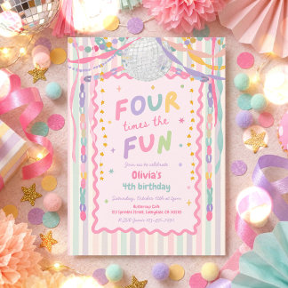 Four Times The Fun Whimsical Girl 4th Birthday Invitation