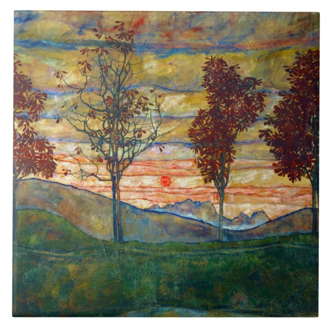 Four Trees (Landscape Art) (by Egon Schiele) Tile (Front)