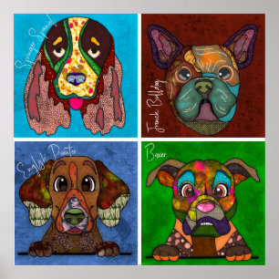 Four ugly dog faces unique abstract art poster