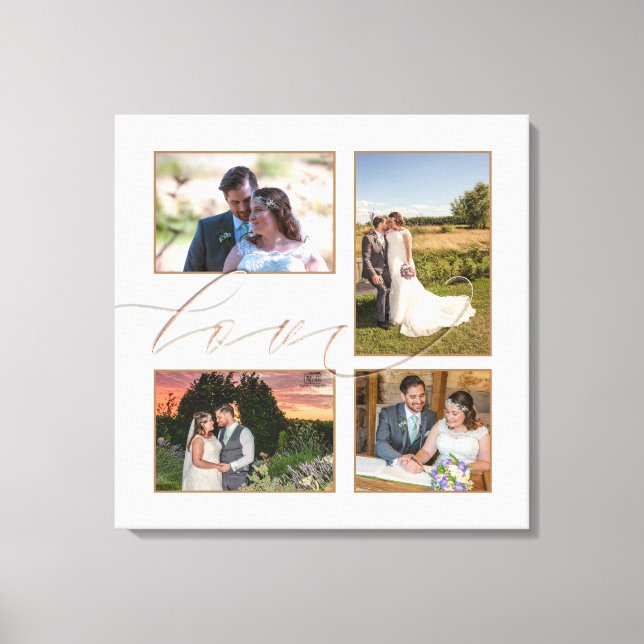 Four Wedding Photos Collage Love Script White Canvas Print (Front)