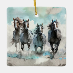 Four Wild Mustang Gallop Across the Prairie Ceramic Ornament