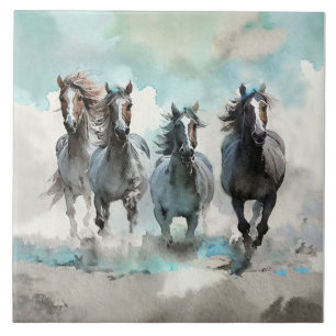 Four Wild Mustang Gallop Across the Prairie Tile