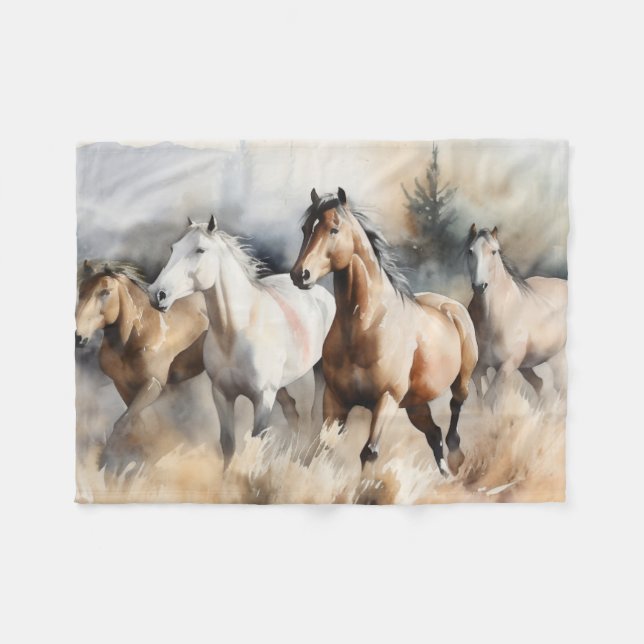 “Four Wild Mustangs” Dusty Western Watercolour Fleece Blanket (Front (Horizontal))