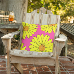 Four Yellow Orange Hot Pink Daisies Outdoor Pillow