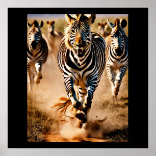 Four Zebras Running Across the Savanna While a Poster