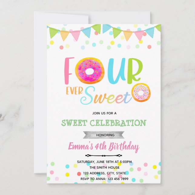 FOURever sweet doughnut birthday  Invitation (Front)