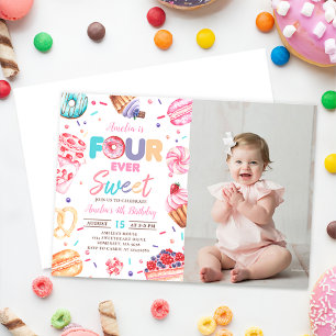 Fourever Sweet Doughnut Candy 4th Birthday Photo Invitation