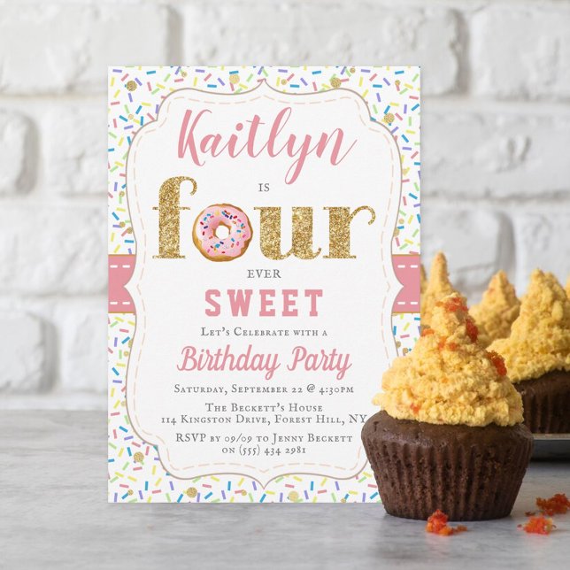 FOURever Sweet Doughnut Girls 4th Birthday Invitat Invitation (Creator Uploaded)