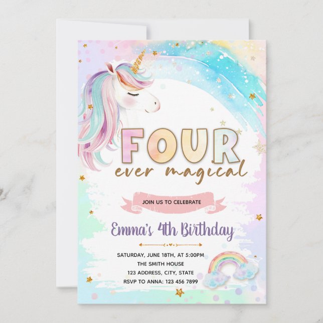 FOURever unicorn invitation magique anniversaire (Devant)