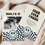 Fourever Young Retro chequered birthday Invitation<br><div class="desc">Cool and fun kid's Retro theme 4TH birthday party invitation featuring Cool retro styles with checked pattern and happy face 
The text says "FOURever Young." Perfect for a boy's birthday party.</div>
