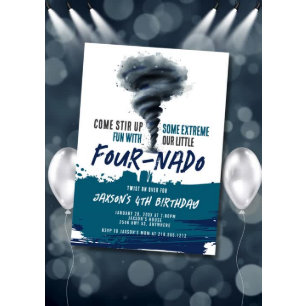 Fournado Twister Tornado Blue Grunge Birthday Invitation