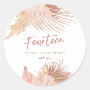 Fourteen Boho Pink Floral 14th Birthday Party Classic Round Sticker