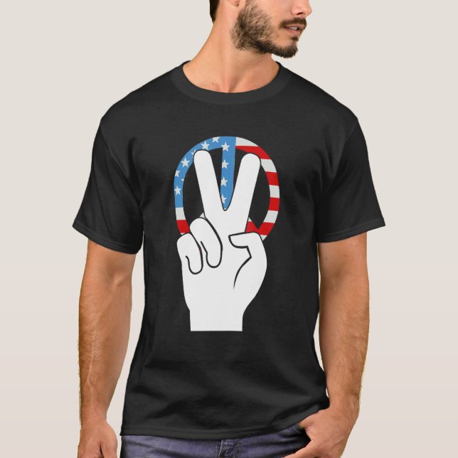 Fourth 4th Of July American Flag Peace Sign T-Shirt (Front)