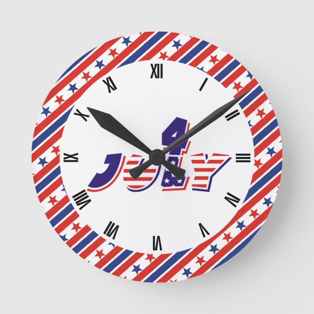 Fourth 4th Of July text design & border with stars Round Clock (Front)