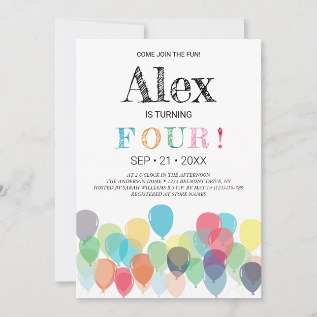 Fourth Birthday Balloons Party Invitation (Front)