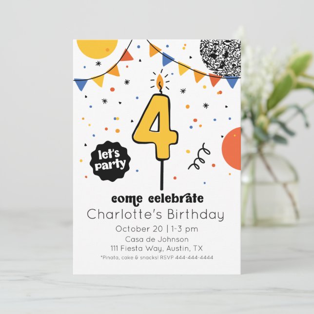 Fourth Birthday Candle Doodle Invitation (Standing Front)