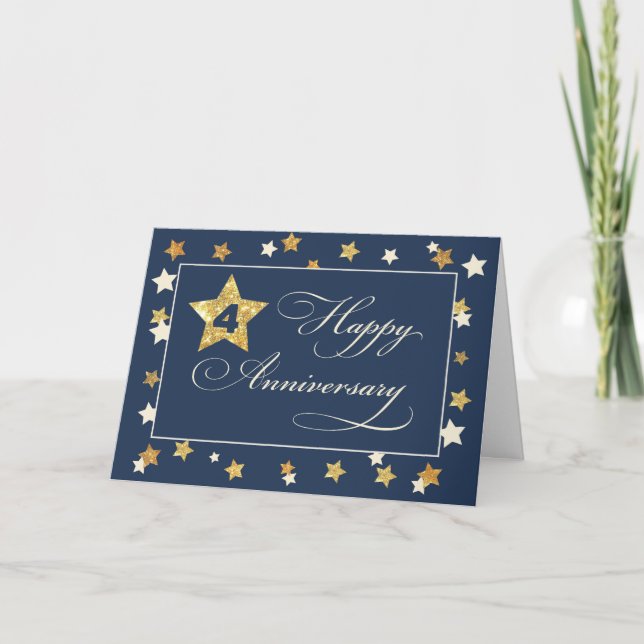 Fourth Employee Anniversary Navy Gold Effect Stars Card (Front)