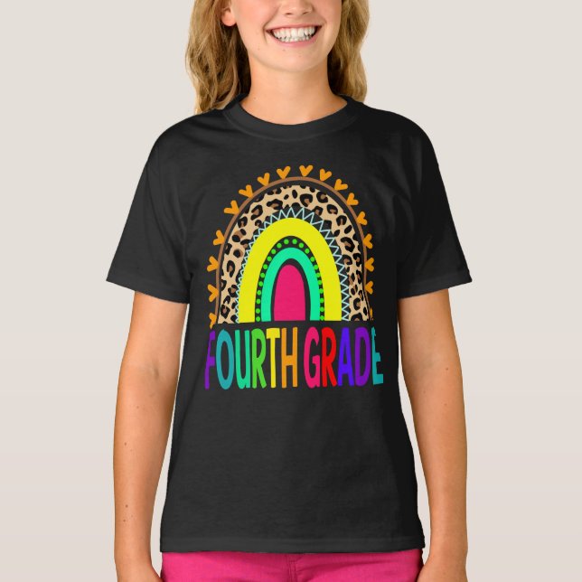 Fourth Grade Rainbow Leopard Back To School T-Shirt (Front)