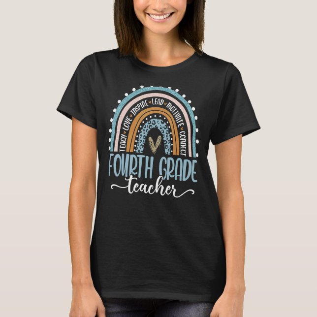 Fourth Grade Teacher Leopard Boho Rainbow Back To  T-Shirt (Front)