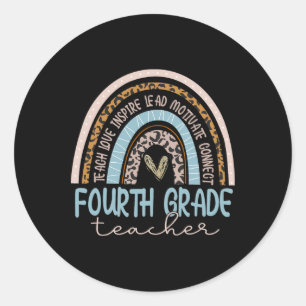 Fourth Grade Teacher Leopard Boho Rainbow Byck To Classic Round Sticker