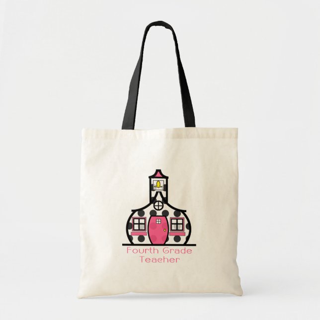 Fourth Grade Teacher Polka Dot Schoolhouse Tote Bag (Front)