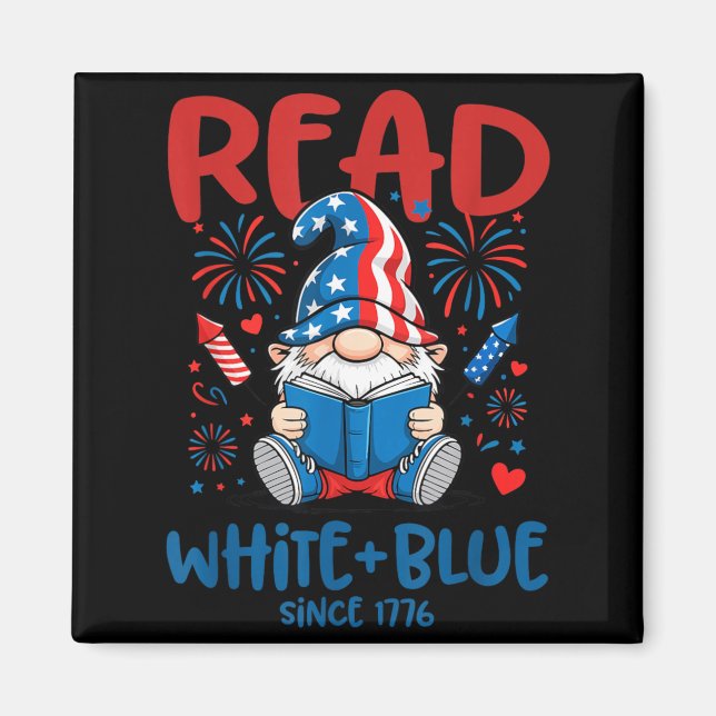 Fourth July Read White Blue Gnome Fireworks Book Magnet (Front)