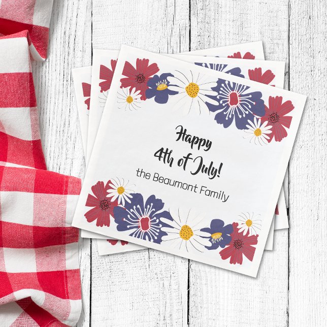 Fourth of July 4th Retro Red Blue Summer Party  Napkin (Red, white and blue floral paper dinner napkins on a picnic table.)