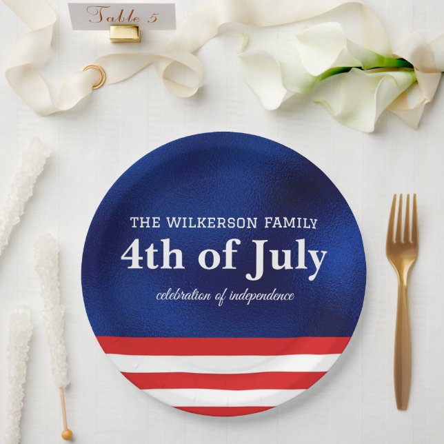 Fourth of July American Flag on Blue Foil Paper Plate (Wedding)