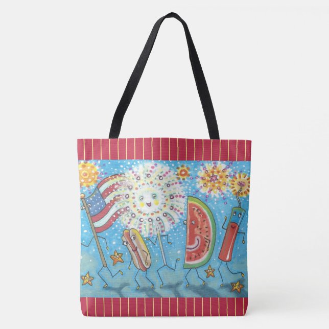 FOURTH OF JULY GANG & FIREWORKS TOTE BAG Red (Front)