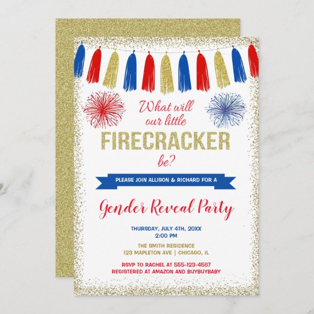 Fourth of July Gender Reveal firecracker Invitation (Front/Back)