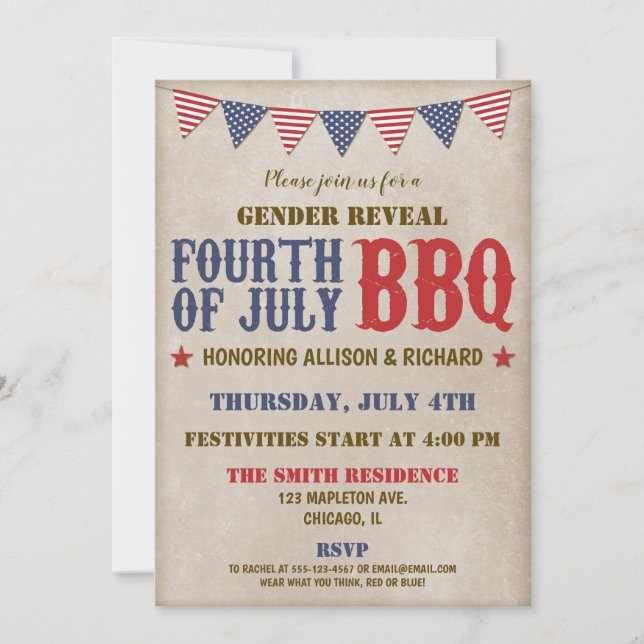 Fourth of July gender reveal red white blue rustic Invitation (Front)