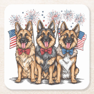Fourth Of July German Shepherd Dogs Square Paper Coaster