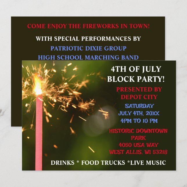Fourth of July Independence  Block Party Sparkler  Invitation (Front/Back)