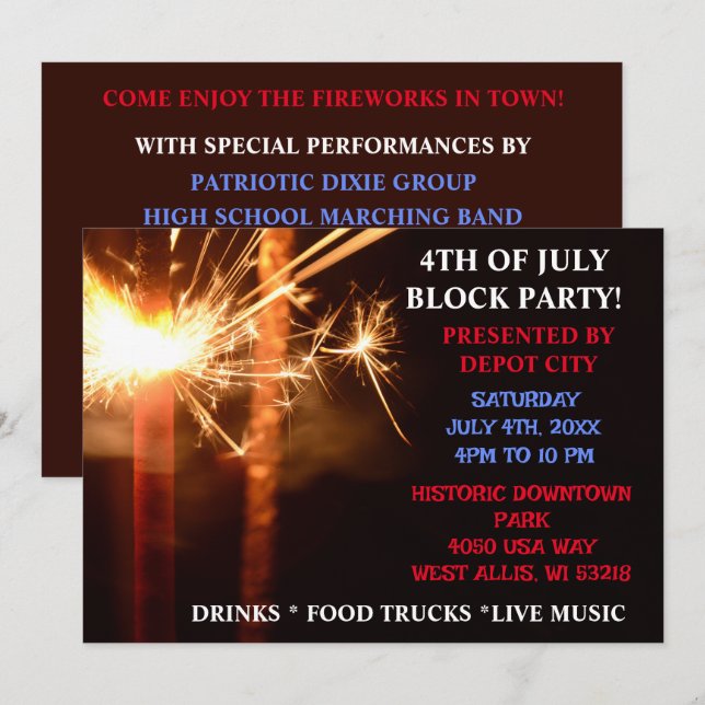 Fourth of July Independence  Block Party Sparkler  Invitation (Front/Back)