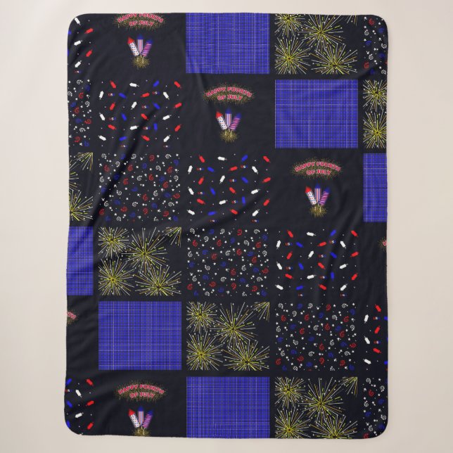 Fourth of July Patchwork Pattern - July 4th Sherpa Blanket (Front)