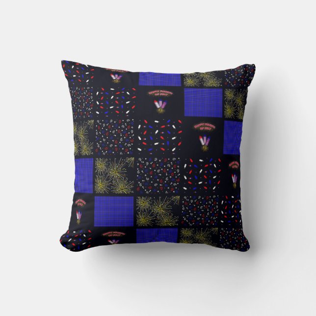 Fourth of July Patchwork Pattern - July 4th Throw Pillow (Front)