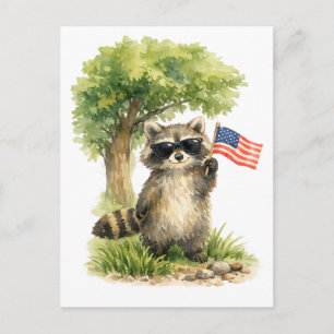 Fourth of July Patriotic Raccoon Holding Flag Postcard