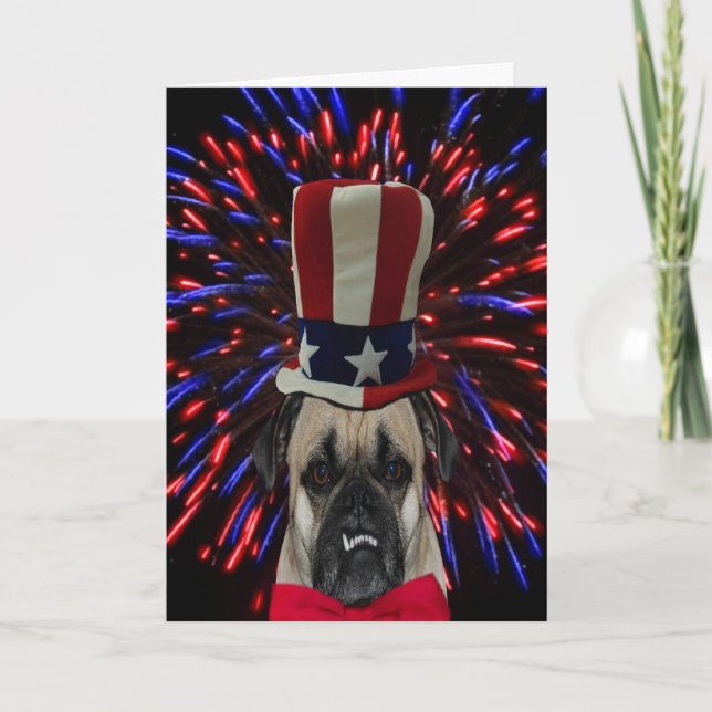 Fourth of July Pug and Fireworks Card (Front)