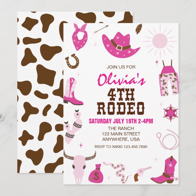 Fourth Rodeo Hot Pink Western 4th Birthday Invitation (Front/Back)