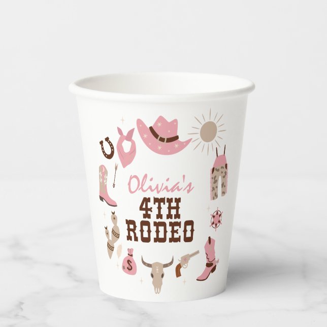 Fourth Rodeo Pink Western Cowboy 4th Birthday Paper Cups (Front)