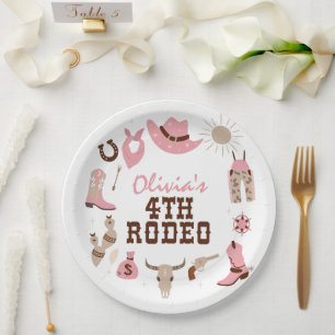 Fourth Rodeo Pink Western Cowboy 4th Birthday Paper Plate