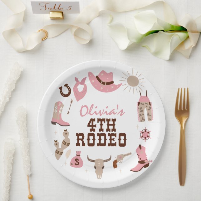 Fourth Rodeo Pink Western Cowboy 4th Birthday Paper Plate (Wedding)