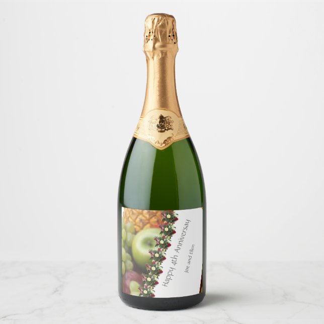 Fourth Wedding Anniversary Fruit and Flowers Sparkling Wine Label (Front)