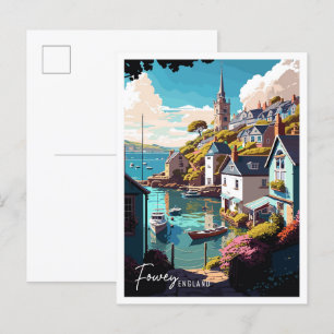 Fowey England Art vintage travel illustration Postcard