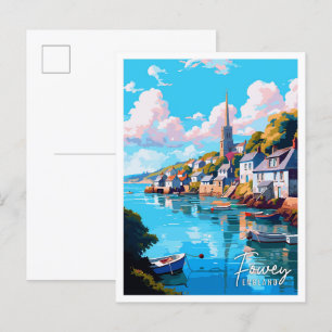 Fowey England vintage travel illustration Postcard