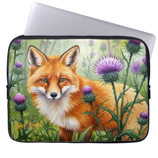 Fox Among Purple Thistle Flowers Watercolor Laptop Sleeve
