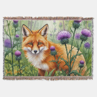 Fox Among Purple Thistle Flowers Watercolor Throw Blanket