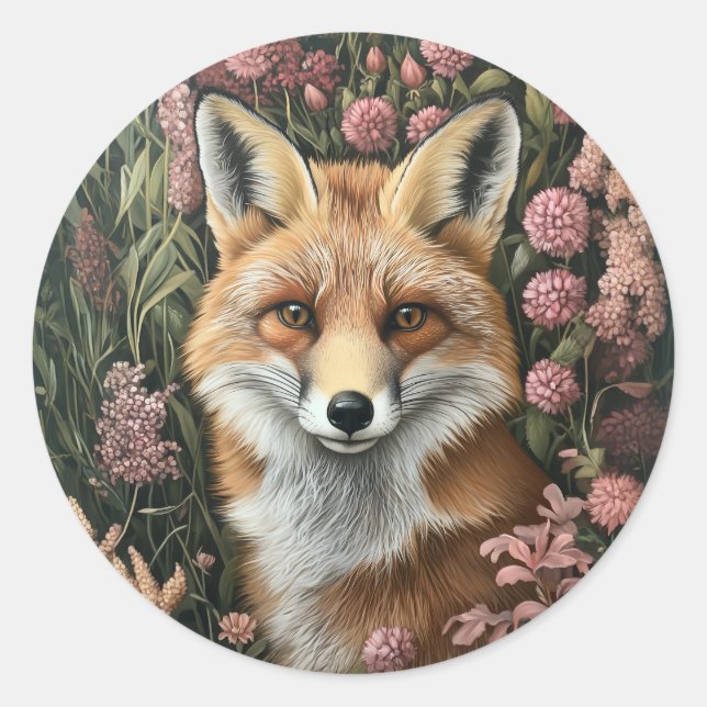 Fox Among Spring Blooms Classic Round Sticker (Front)