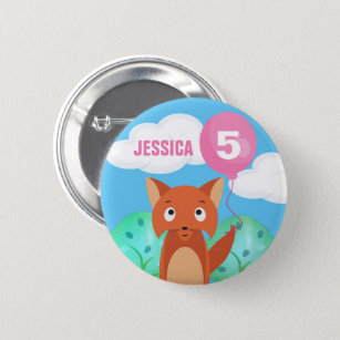 Fox and Balloon Kids Personalised Birthday Any Age 2 Inch Round Button